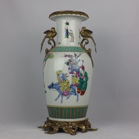 A Huge Famille-Rose Figure Pattern Inlaid Bronze Flower and Bird Double-Ears Vase