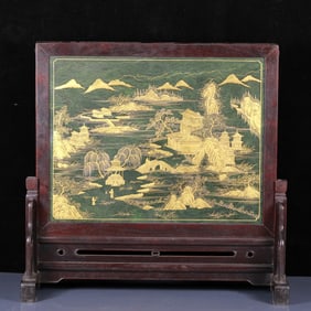 A Huge Jasper Painted Gold Landscape and Figure Pattern Table Screen