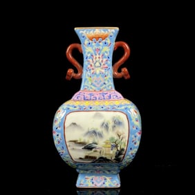 An Exquisite Famille-Rose Landscape Pattern Double-Ears Vase