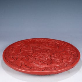 A Rare Carved Red Lacquer Flower and Bird Pattern Plate,With an Imperial Poem by Emperor Qianlong