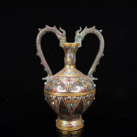 An Archaic Bronze Inlaid Gold and Silver Dragon Pattern Double-Ears Vase,Inlaid Gems