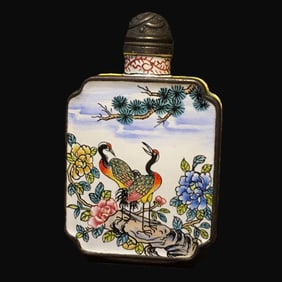 An Exquisite Painted Enamel on Copper Pine and Crane Pattern Snuff Bottle