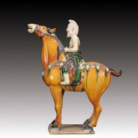 An Rare Tang Tri-Color Glazed Pottery  Figure Riding Horse Ornament