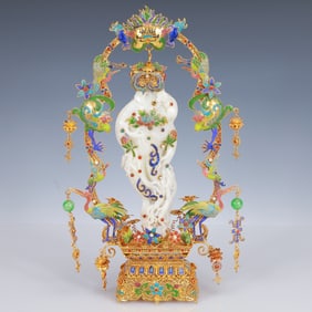 A Huge Filigree and Gilding Inlaid White Jade Ginseng Ornament,Inlaid Gems