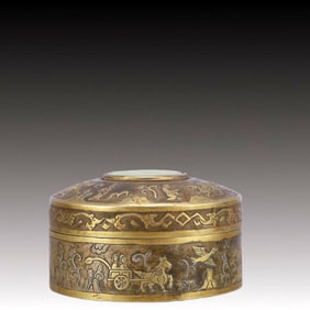 A Rare Gilt Bronze Inlaid White Jade Figure Pattern Cover Box