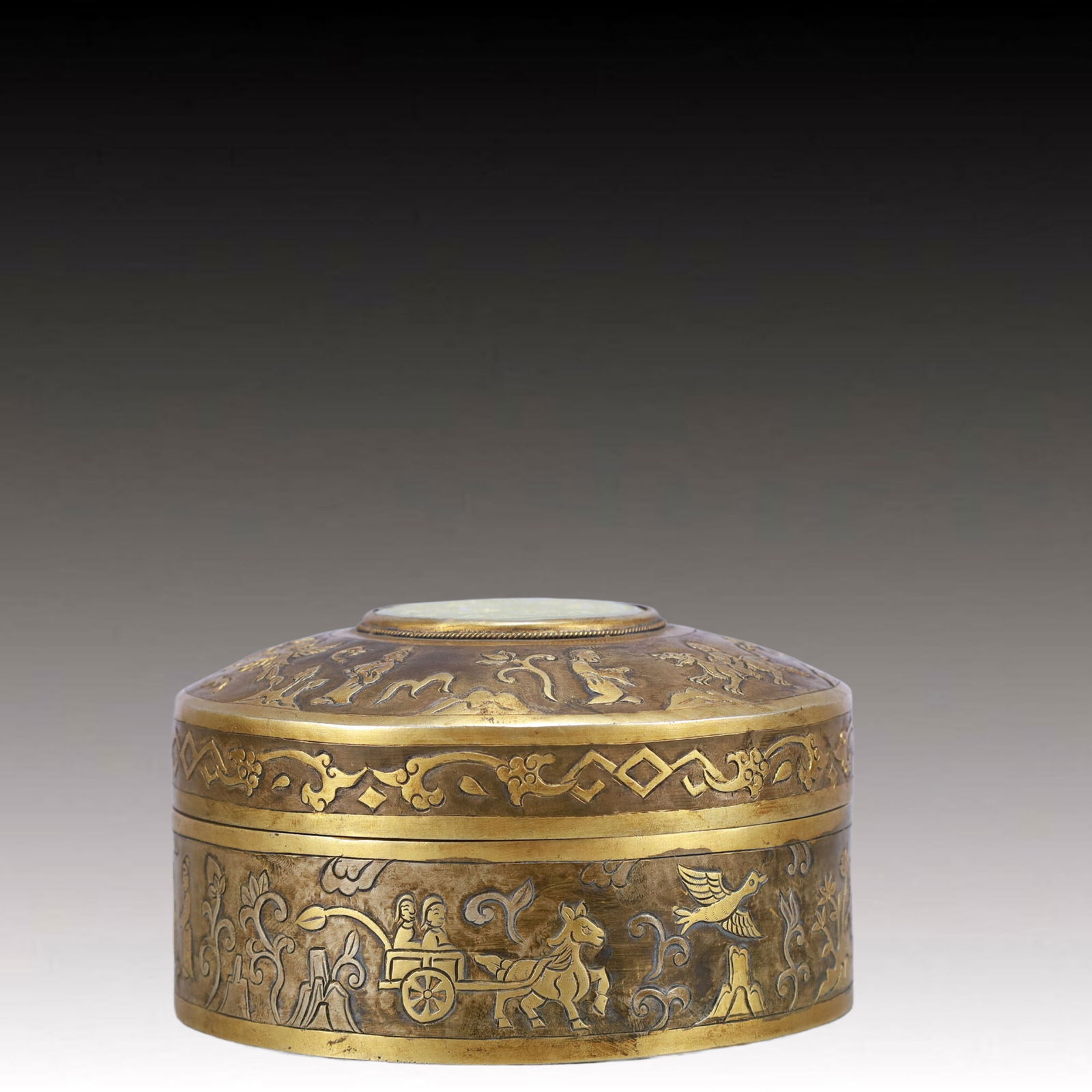 A Rare Gilt Bronze Inlaid White Jade Figure Pattern Cover Box (1 of 6)