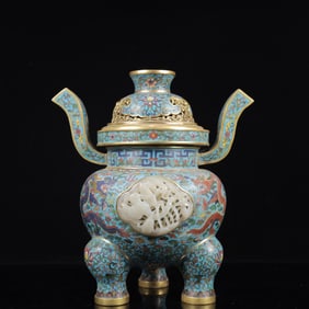 An Exquisite Cloisonne Inlaid White Jade Dragon Pattern Tripod Censer