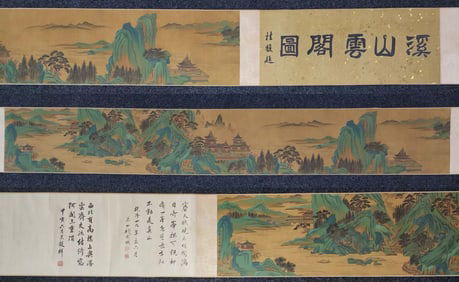 A Chinese Hand Scroll Ink Painting of Landscape on Silk