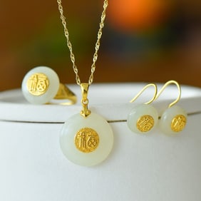 A Set of Fine Sterling Silver-Gold Plated Inlaid White Jade Jewelrys