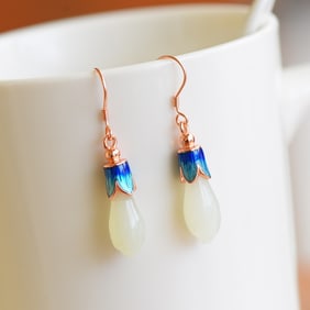 A Pair of Exquisite Sterling Silver-Gold Plated Inlaid White Jade Earrings