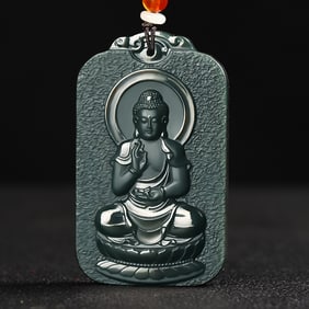 An Exquisite Cyan jade Statue of Amitayus Pendant