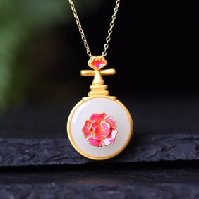 An Exquisite Sterling Silver-Gold Plated Inlaid White Jade Enamel Pendant
