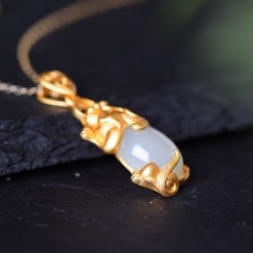 An Exquisite Sterling Silver-Gold Plated Inlaid White Jade Pendant