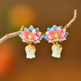 A Pair of Exquisite Sterling Silver-Gold Plated Inlaid White Jade Earrings