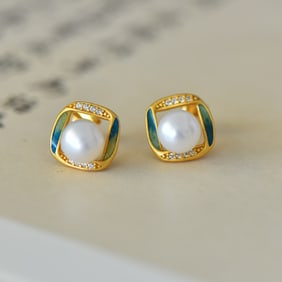 A Pair of Exquisite Sterling Silver-Gold Plated Inlaid Pearl Enamel Earrings