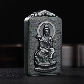 An Exquisite Cyan jade Statue of Samantabhadra Pendant