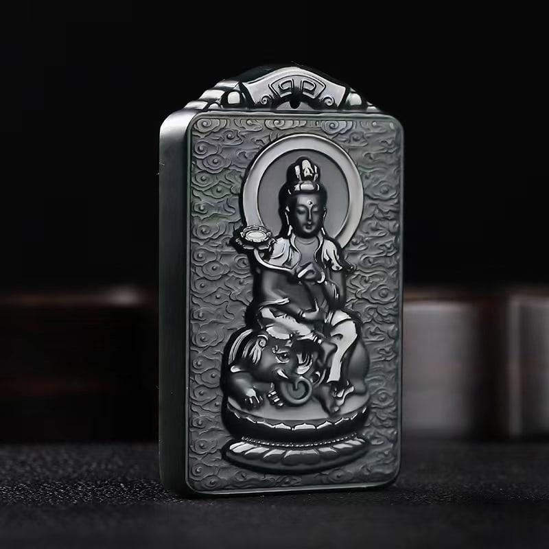 An Exquisite Cyan jade Statue of Samantabhadra Pendant: An Exquisite Cyan jade Statue of Samantabhadra Pendant,Size:2.4inx1.5inx0.3in 青玉普贤菩萨像挂件