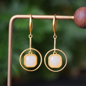 A Pair of Exquisite Sterling Silver-Gold Plated Inlaid White Jade Earrings