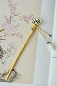 An Exquisite Sterling Silver-Gold Plated Inlaid White Jade Enamel Hairpin