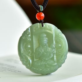 An Exquisite Greenish Jade Statue of Bodhisattva Pendant