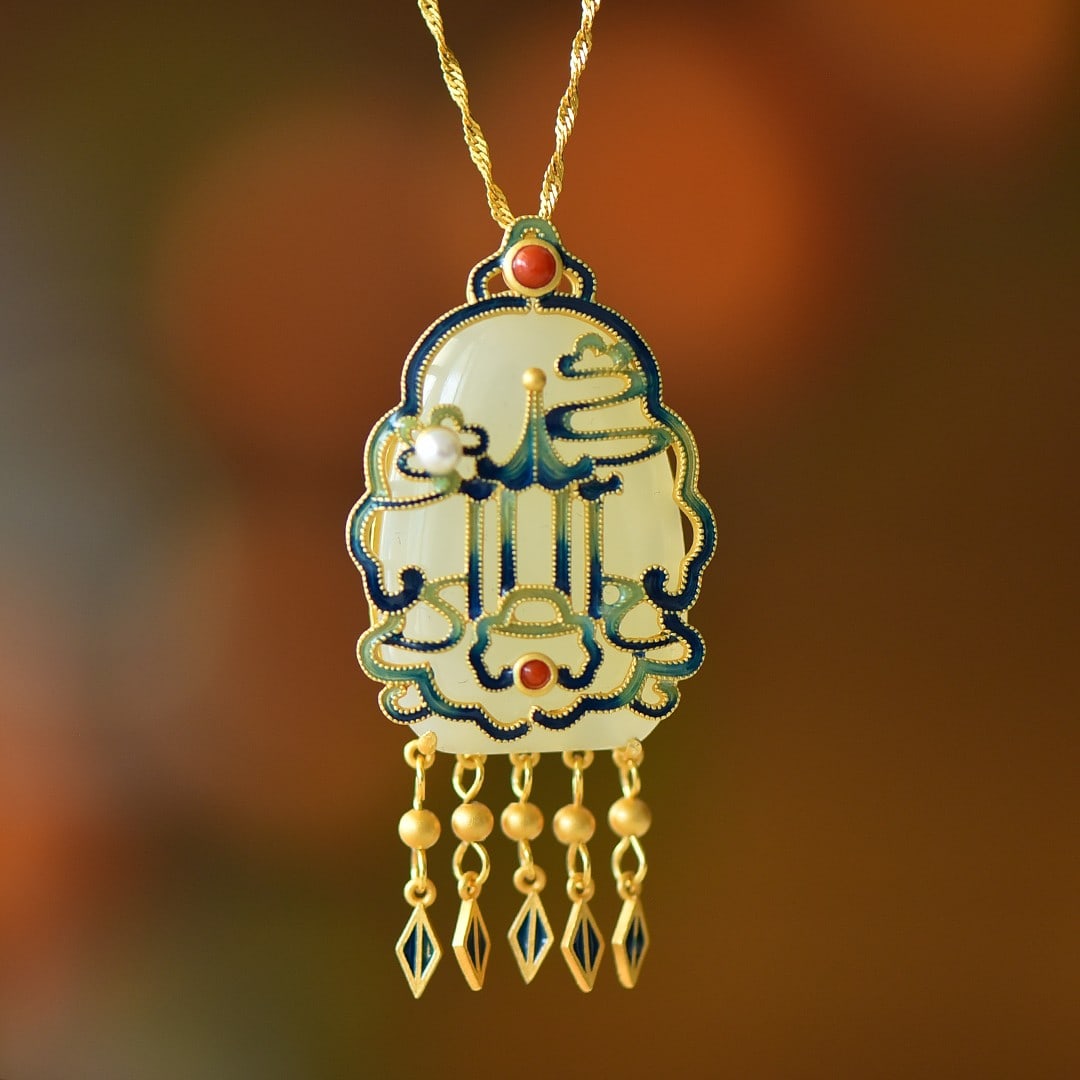 A Set of Fine Sterling Silver-Gold Plated Inlaid White Jade Enamel Jewelrys: A Set of Fine Sterling Silver-Gold Plated Inlaid White Jade Enamel Jewelrys 一套纯银镀金镶白玉珐琅首饰