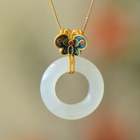 An Exquisite Sterling Silver-Gold Plated Inlaid White Jade Pendant