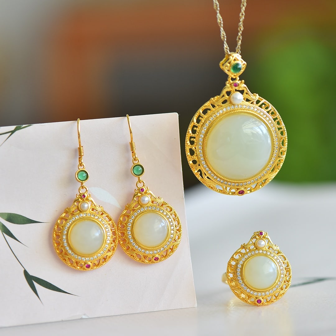 A Set of Fine Sterling Silver-Gold Plated Inlaid White Jade Jewelry (1 of 5)