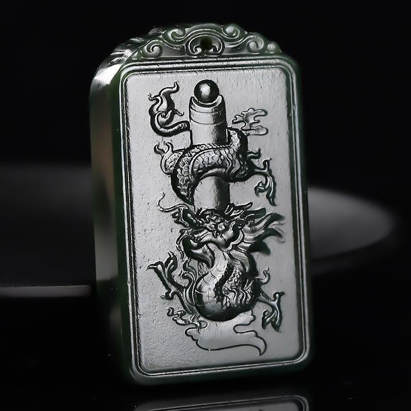 An Exquisite Cyan jade Dragon Pattern Pendant: An Exquisite Cyan jade Dragon Pattern Pendant,Size:2.2inx1.4in 青玉龙纹挂件