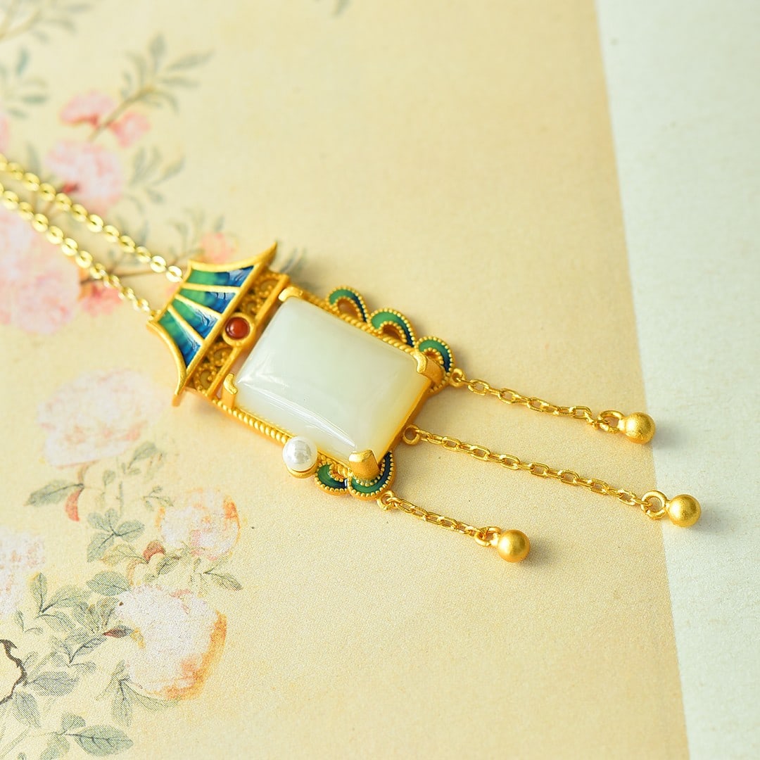 An Exquisite Sterling Silver-Gold Plated Inlaid White Jade Enamel Pendant,Inlaid Pearl: An Exquisite Sterling Silver-Gold Plated Inlaid White Jade Enamel Pendant,Inlaid Pearl 