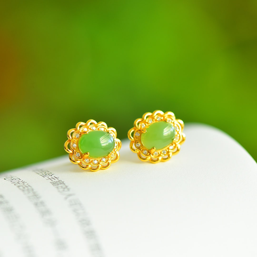 A Pair of Exquisite Sterling Silver-Gold Plated Inlaid Jasper Earrings,Inlaid Diamond: A Pair of Exquisite Sterling Silver-Gold Plated Inlaid Jasper Earrings,Inlaid Diamond,Size:0.2inx0.3in 