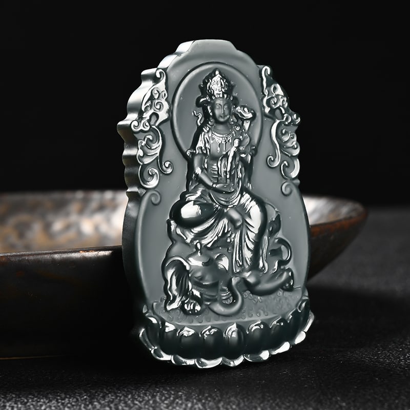 An Exquisite Cyan jade Statue of Samantabhadra Pendant: An Exquisite Cyan jade Statue of Samantabhadra Pendant,Size:2.5inx1.5inx0.3in 青玉普贤菩萨像挂件