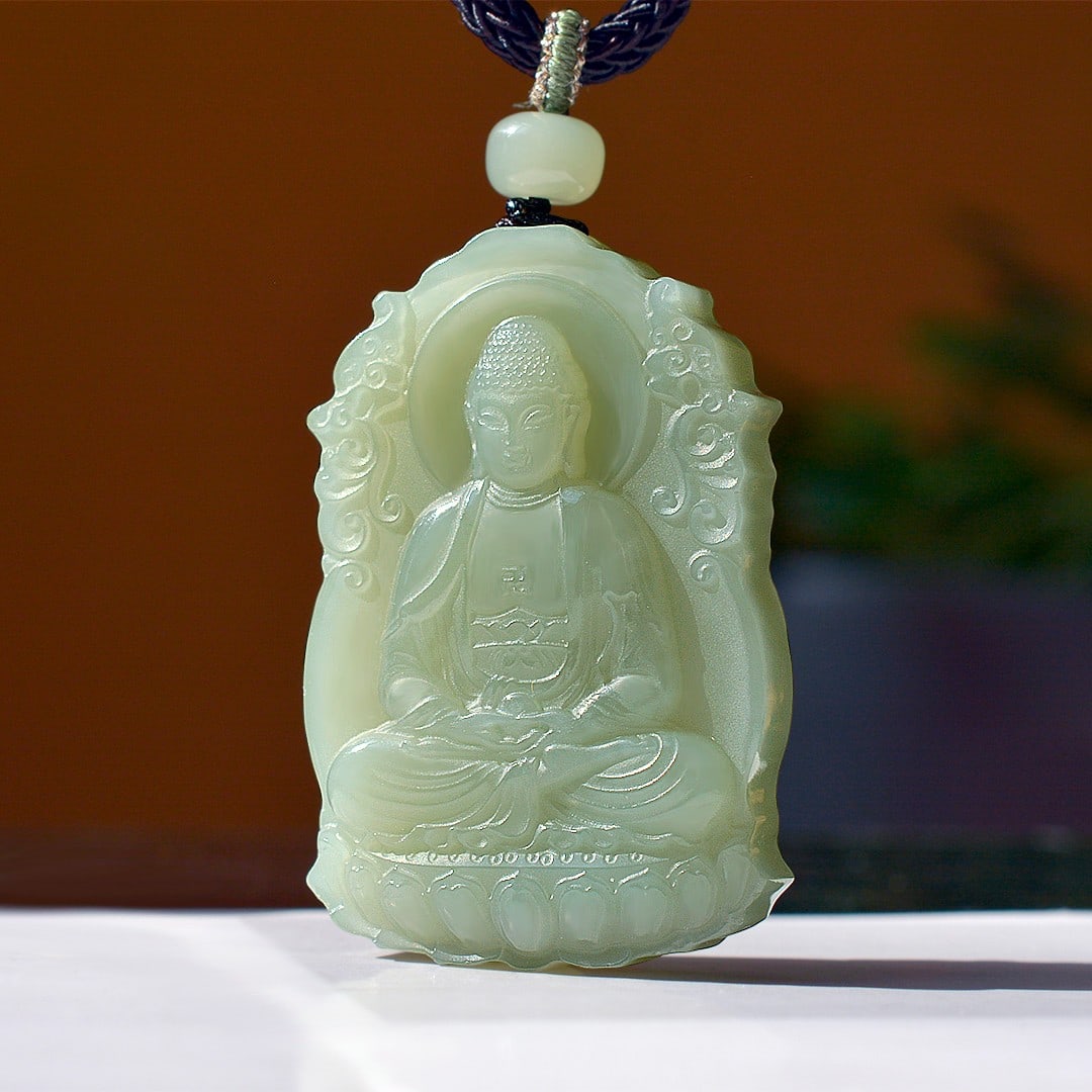 An Exquisite Greenish Jade Statue of Sakyamuni Pendant (1 of 4)