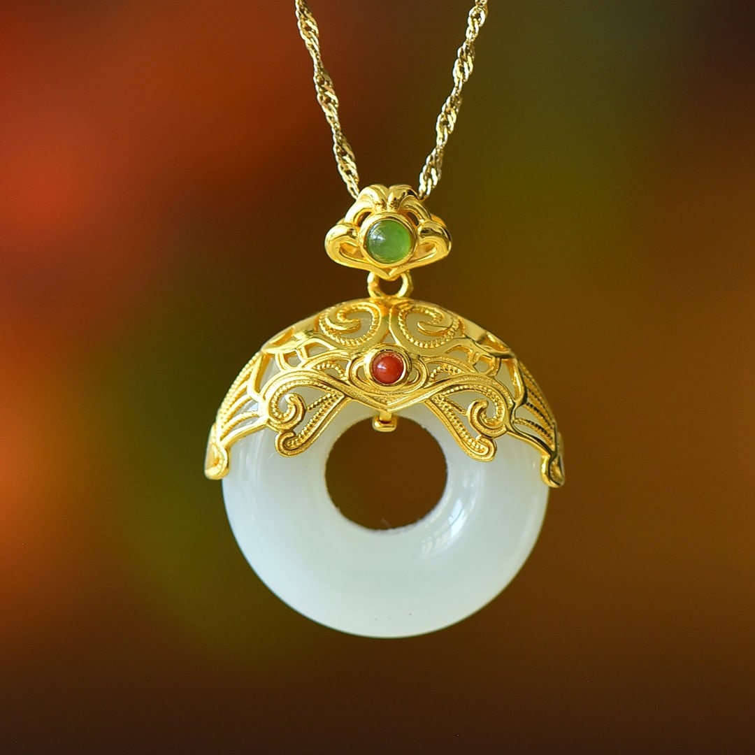 An Exquisite Sterling Silver-Gold Plated Inlaid White Jade Pendant (1 of 5)