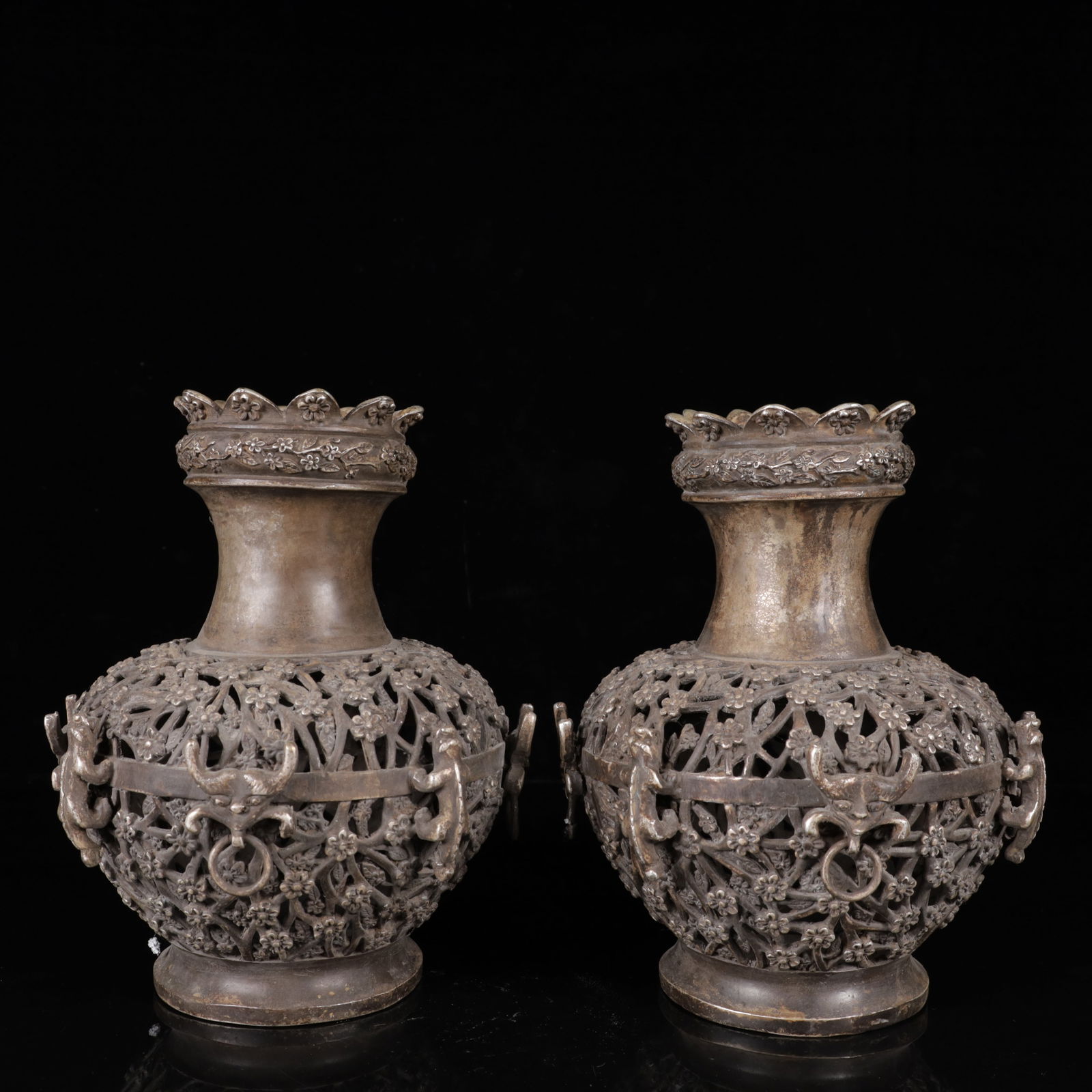A Pair of Exquisite Silver Flower Pattern Beast-Ears Vases (1 of 11)