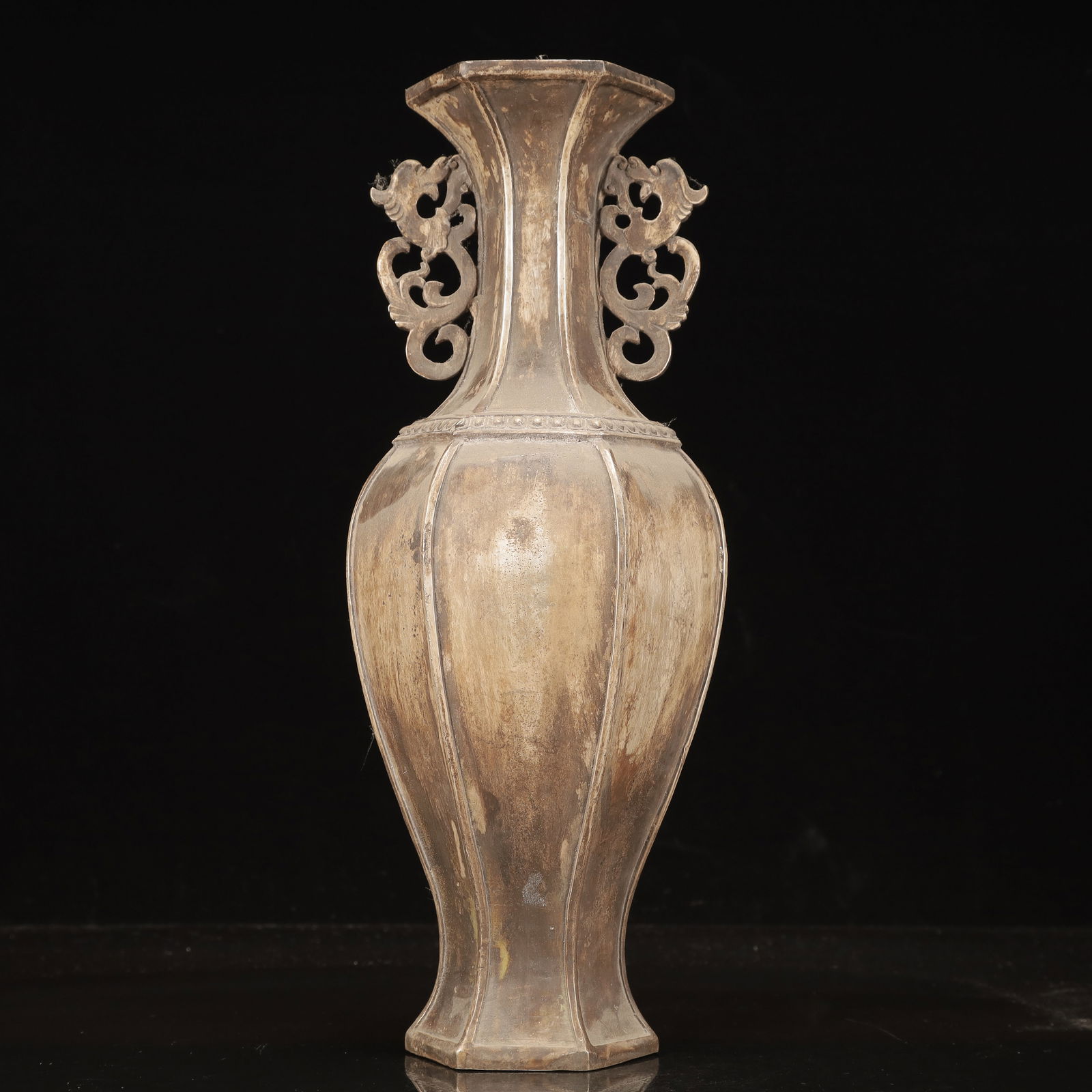 A Rare Silver-plated Copper Dragon-Ears Vase: A Rare Silver-plated Copper Dragon-Ears Vase,Qing Dynasty, China,Size:5.9inx5.1inx14.6in,Weight:2250g 铜镀银龙耳瓶,中国清代