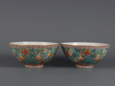 A Pair of Exquisite Turquoise Ground Famille-Rose Painted Gold Bats and Gourd Pattern Bowls