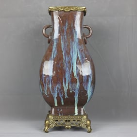 A Huge Flambe Glazed Inlaid Bronze Double-Ears Vase