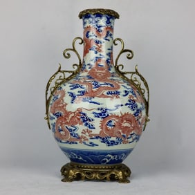 A Huge Blue and White Underglaze-Red Inlaid Bronze Auspicious Cloud and Dragon Pattern Double-Ears