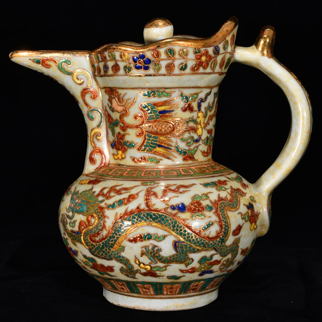An Exquisite Wucai Painted Gold Auspicious Cloud,Dragon and Phoenix Pattern Ewer (1 of 9)