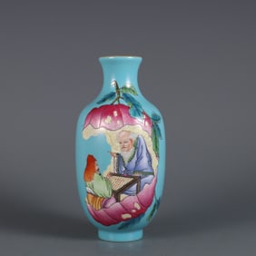 An Exquisite Turquoise Ground Enamel Painted Gold Character and Story Pattern Vase,With Poem