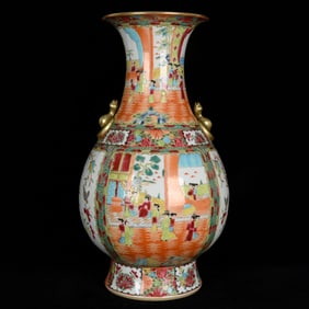 A Huge Famille-Rose Painted Gold Figure,Flower and Bird Pattern Double-Ears Vase