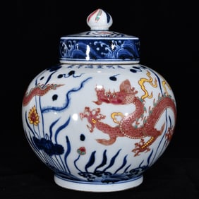 An Exquisite Blue and White Wucai Lotus and Dragon Pattern Cover Jar