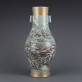 A Huge Celadon Glazed Painted Gold Snowscape Pattern Double-Ears Vase