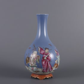 An Exquisite Blue Ground Famille-Rose Figure Pattern Vase