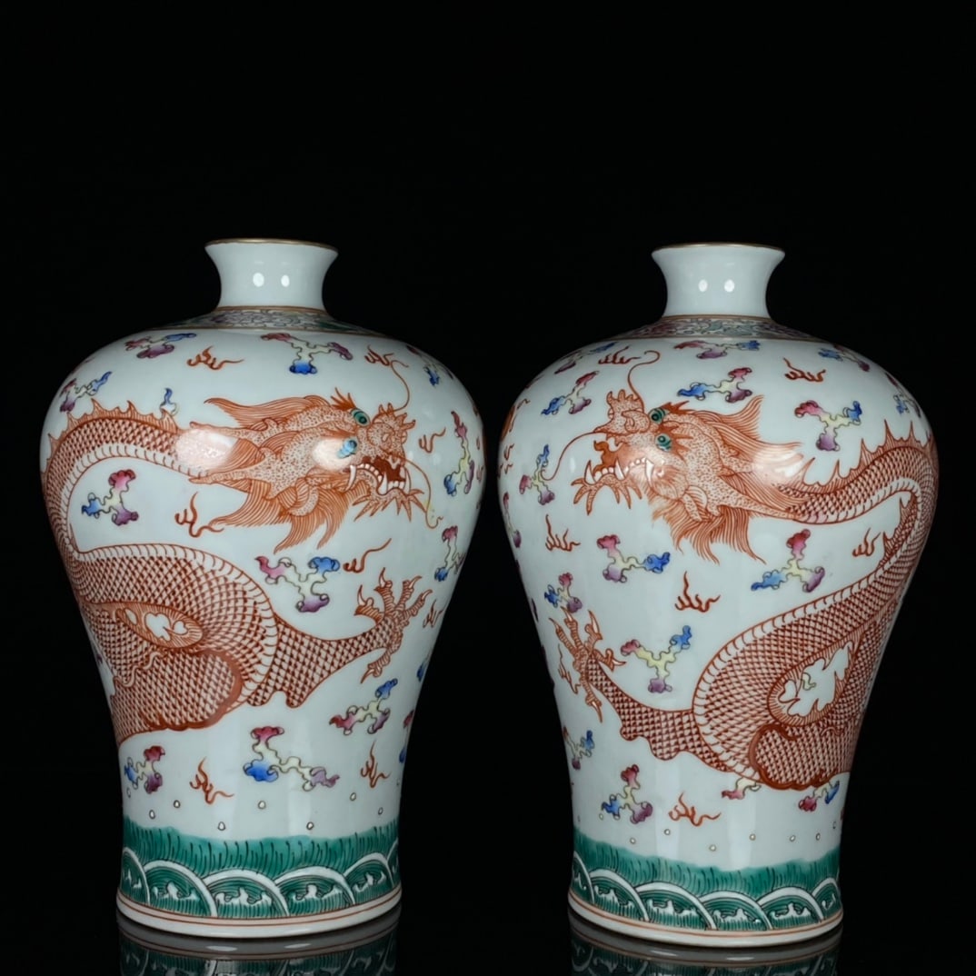 A Pair of Exquisite Famille-Rose Auspicious Cloud and Dragon Pattern Vases (1 of 9)
