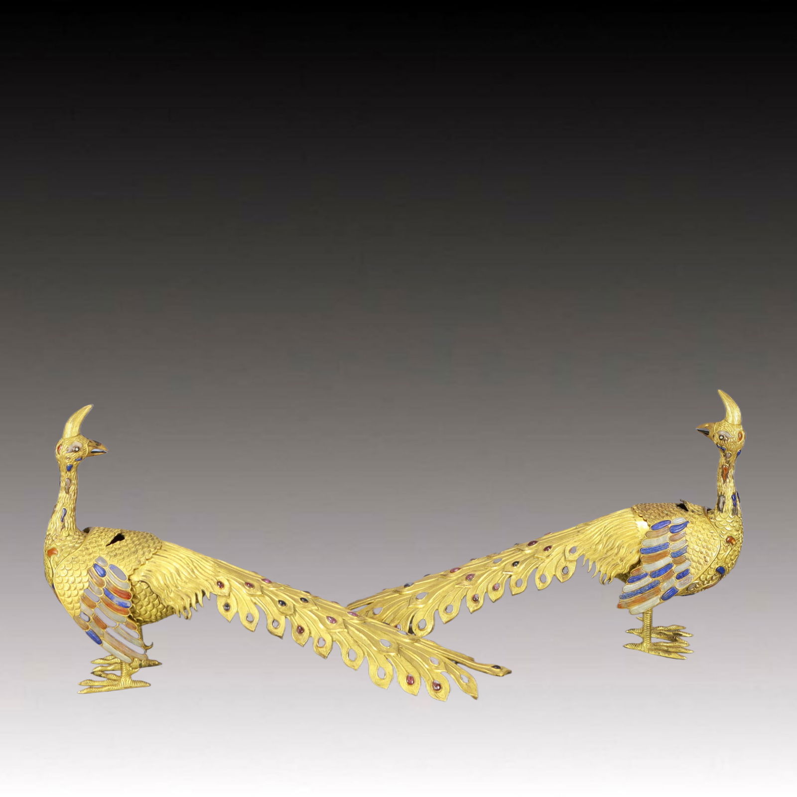 A Pair of Rare Cloisonne Phoenix Ornaments,Inlaid Gems: A Pair of Rare Cloisonne Phoenix Ornaments,Inlaid Gems,Qing Dynasty,China,Size:22.4inx4.7inx12.4in,Total Weight:3900g 一对景泰蓝凤凰摆件,嵌&