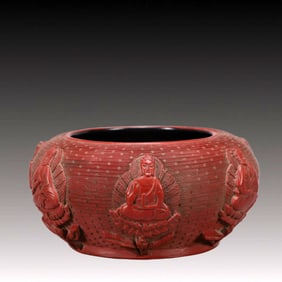 A Exquisite Carved Red Lacquer Buddha statue Pattern Brush Washer