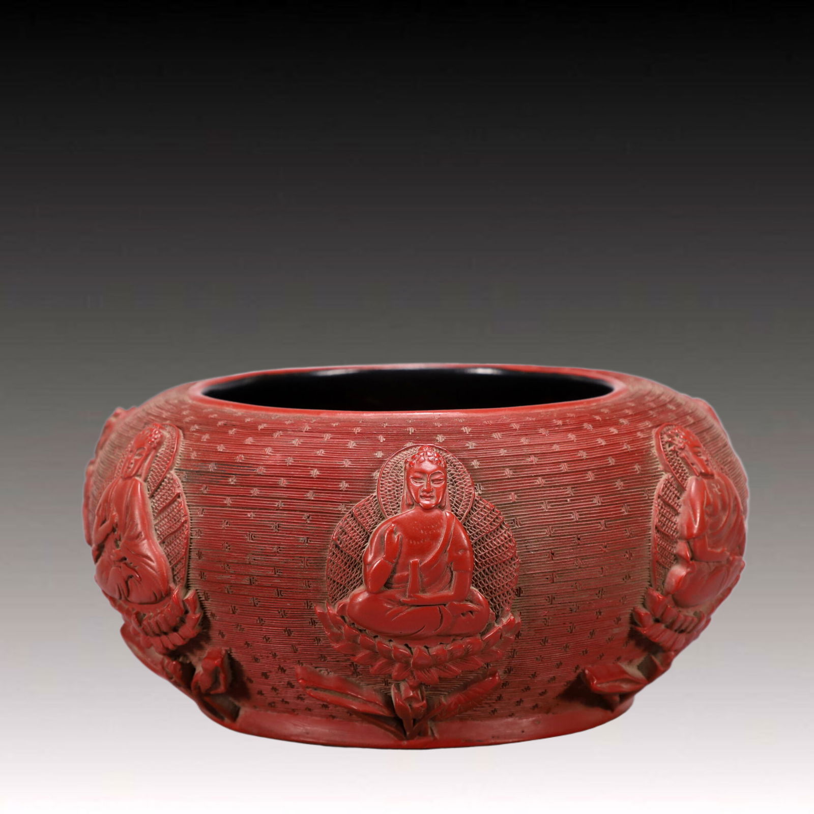 A Exquisite Carved Red Lacquer Buddha statue Pattern Brush Washer  (1 of 10)
