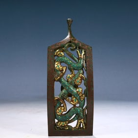 An Archaic Bronze Inlaid Gold Dragon Pattern Hook,Inlaid Turquoise