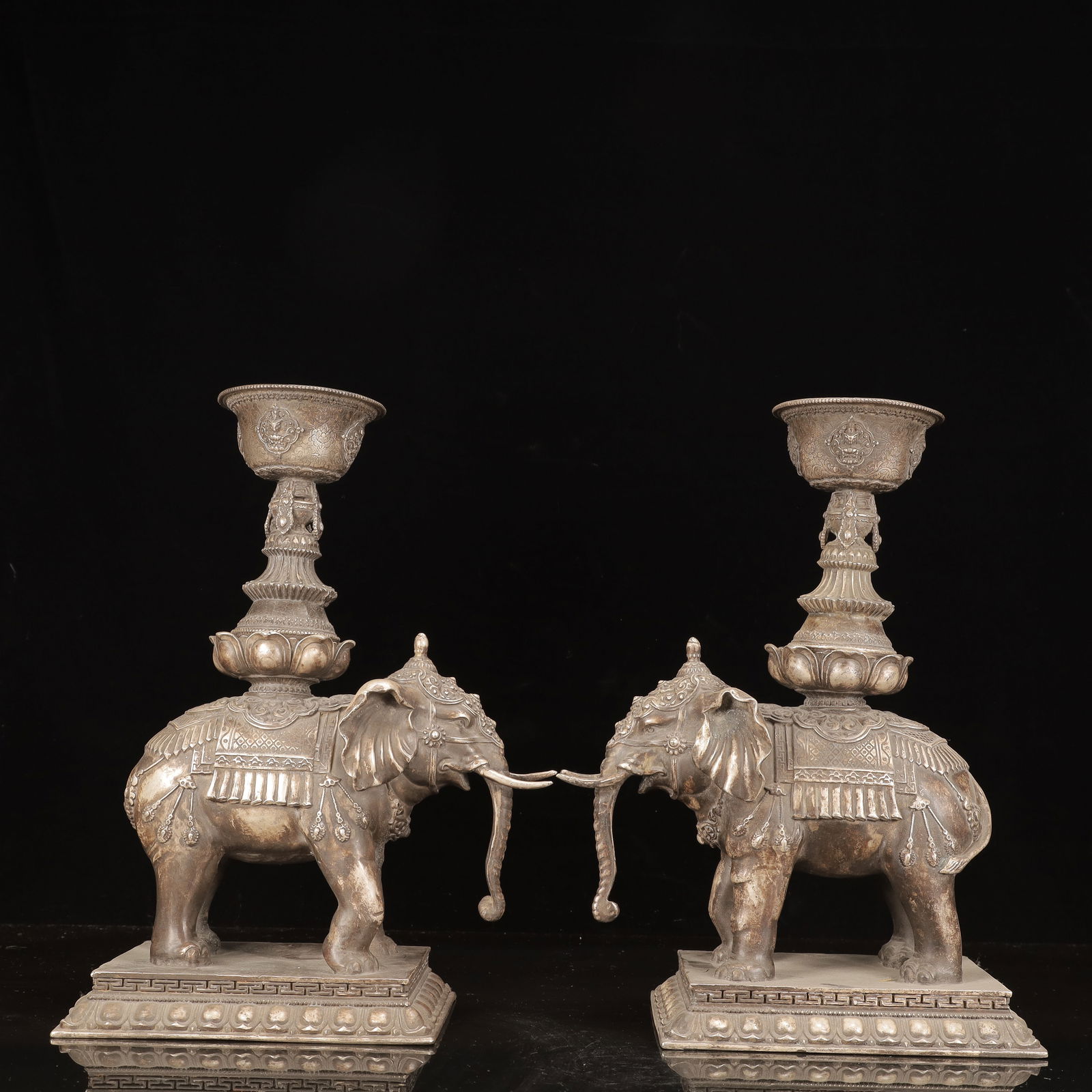 A Pair of Rare Silver Lotus Pattern Elephant Candlesticks (1 of 16)
